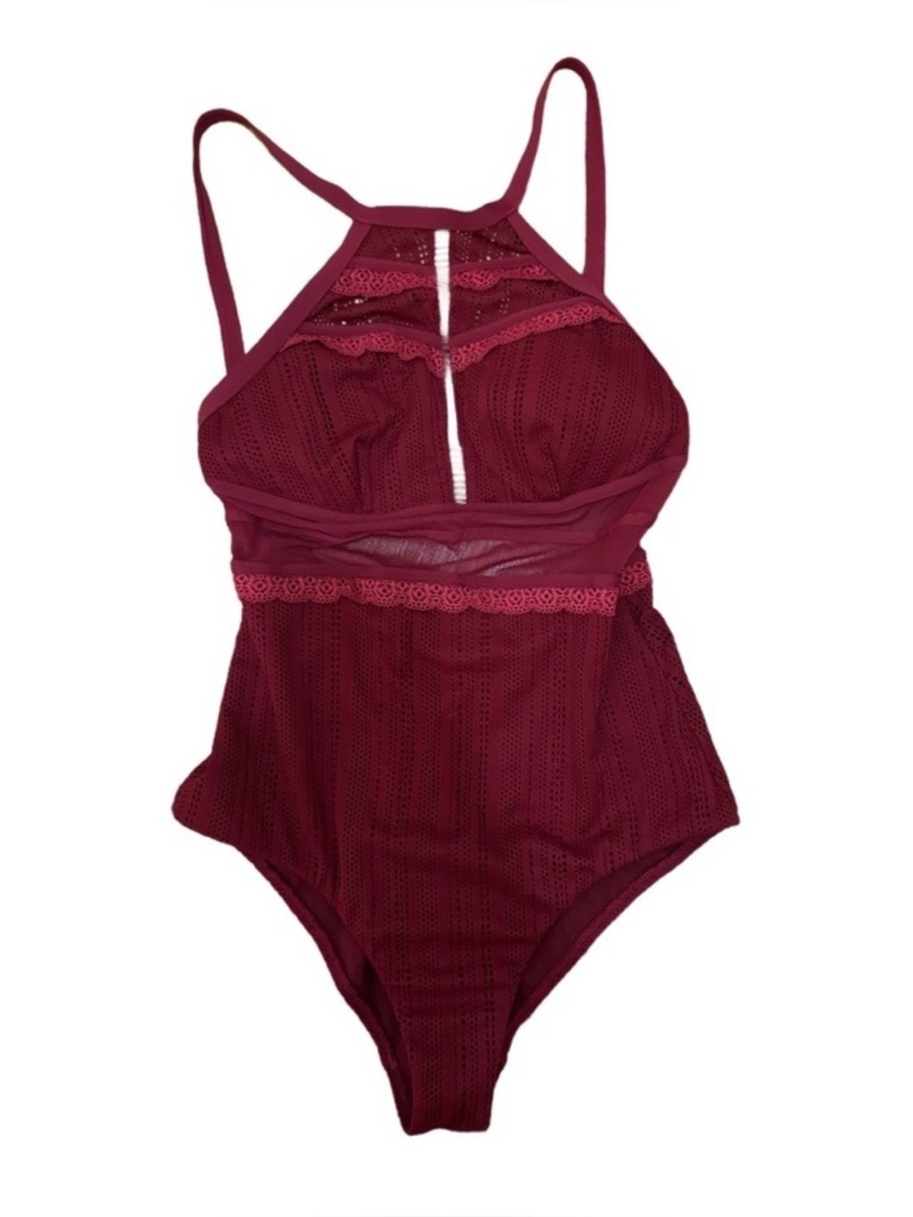 Afriel & Tabbris maroon red burgundy no size halter mesh swim suit one piece